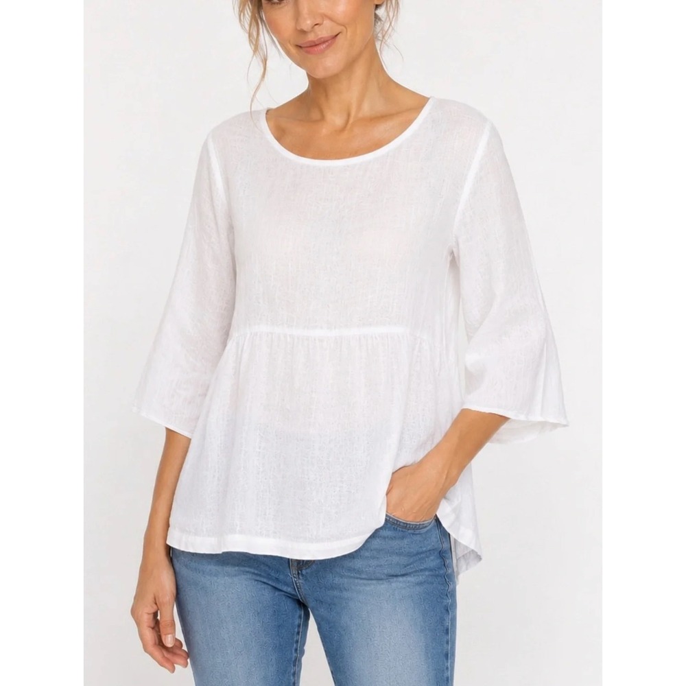 Pure Jill J. Jill White 100% Linen Peplum Top 3/4 Sleeve Coastal Grandmother